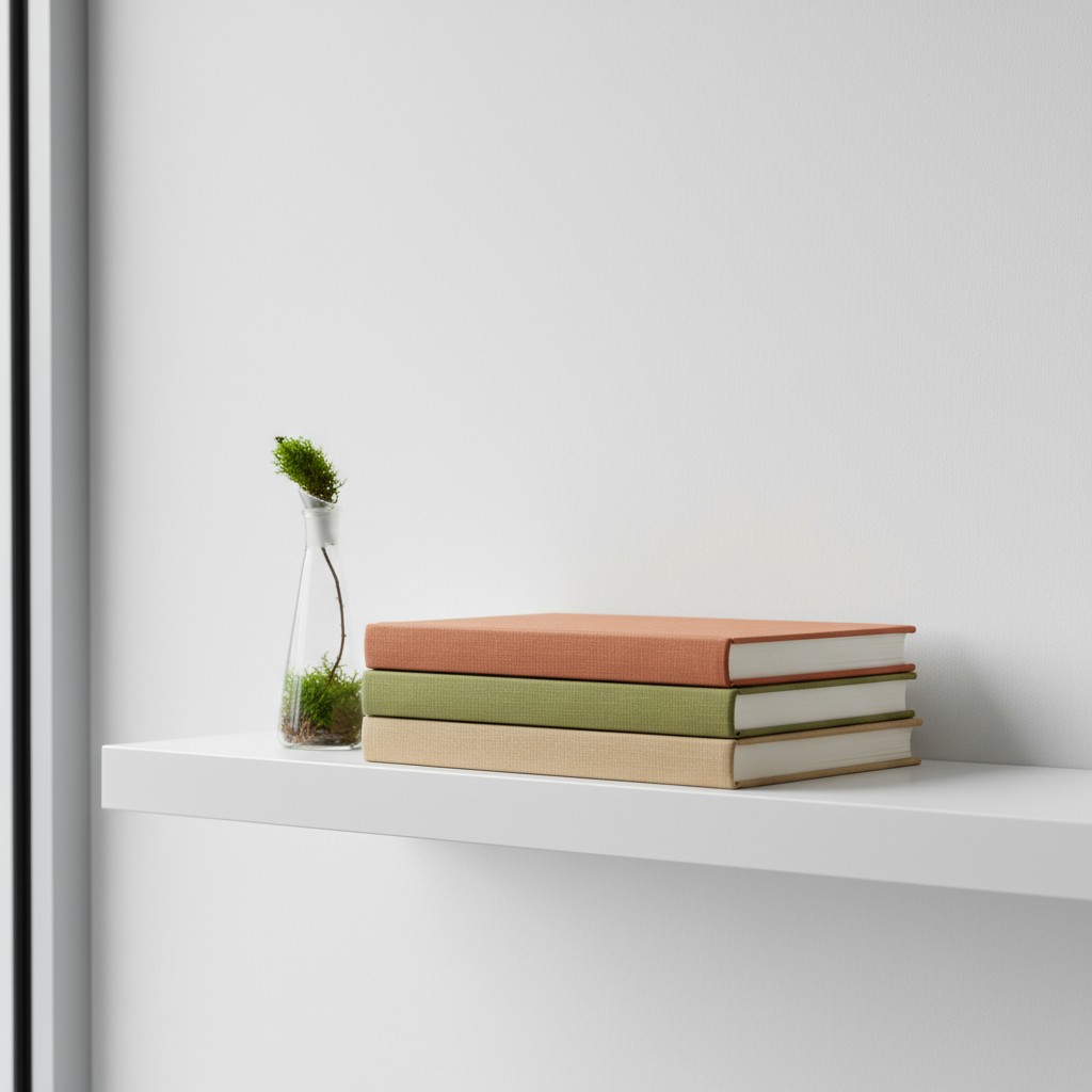 shelf with books stacked and a glass with grass.