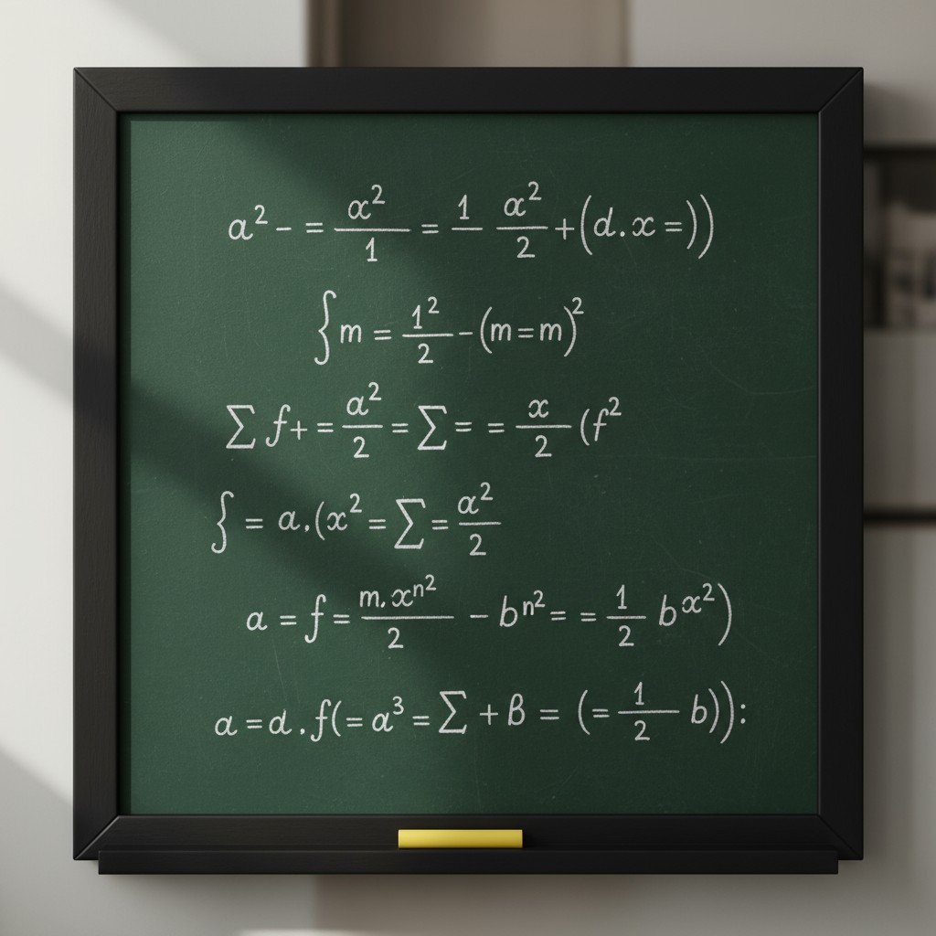 The image shows a framed blackboard with a hammer hanging from the frame and mathematical equations illustrated in chalk-s...