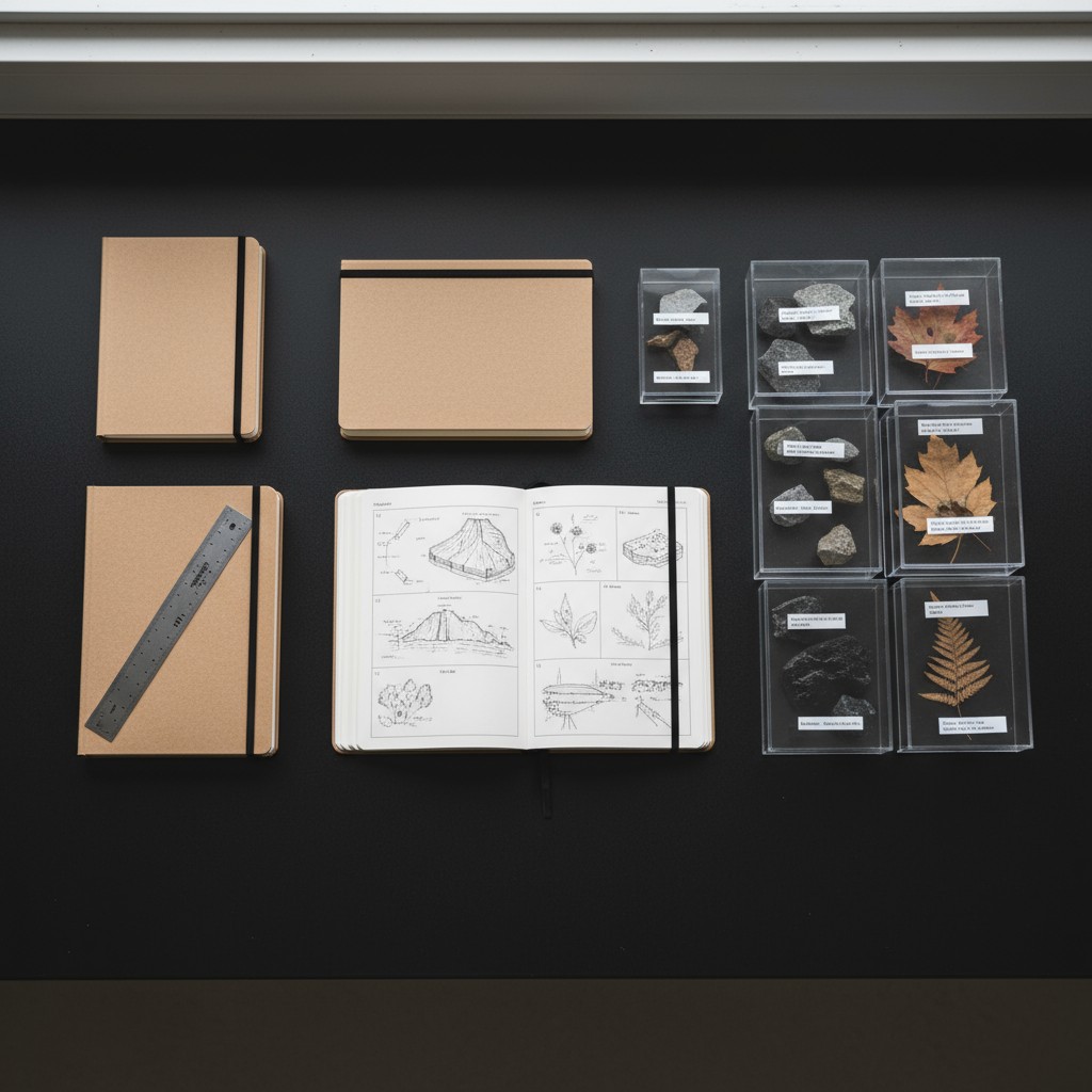 "An open science notebook with a bending ruler and several small booklets, display cases containing rocks and leaves."