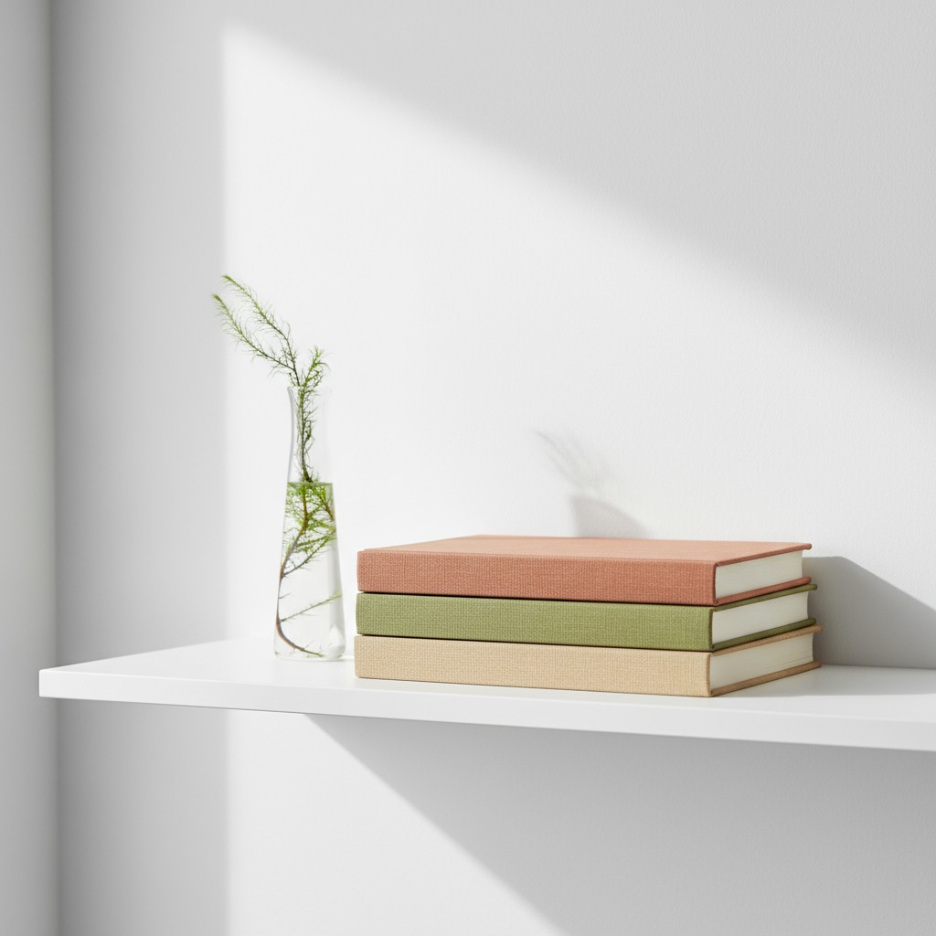 A black and white photograph of a shelf with pink, green, and cream-coloured hard-cover books and a thin glass vase with a...