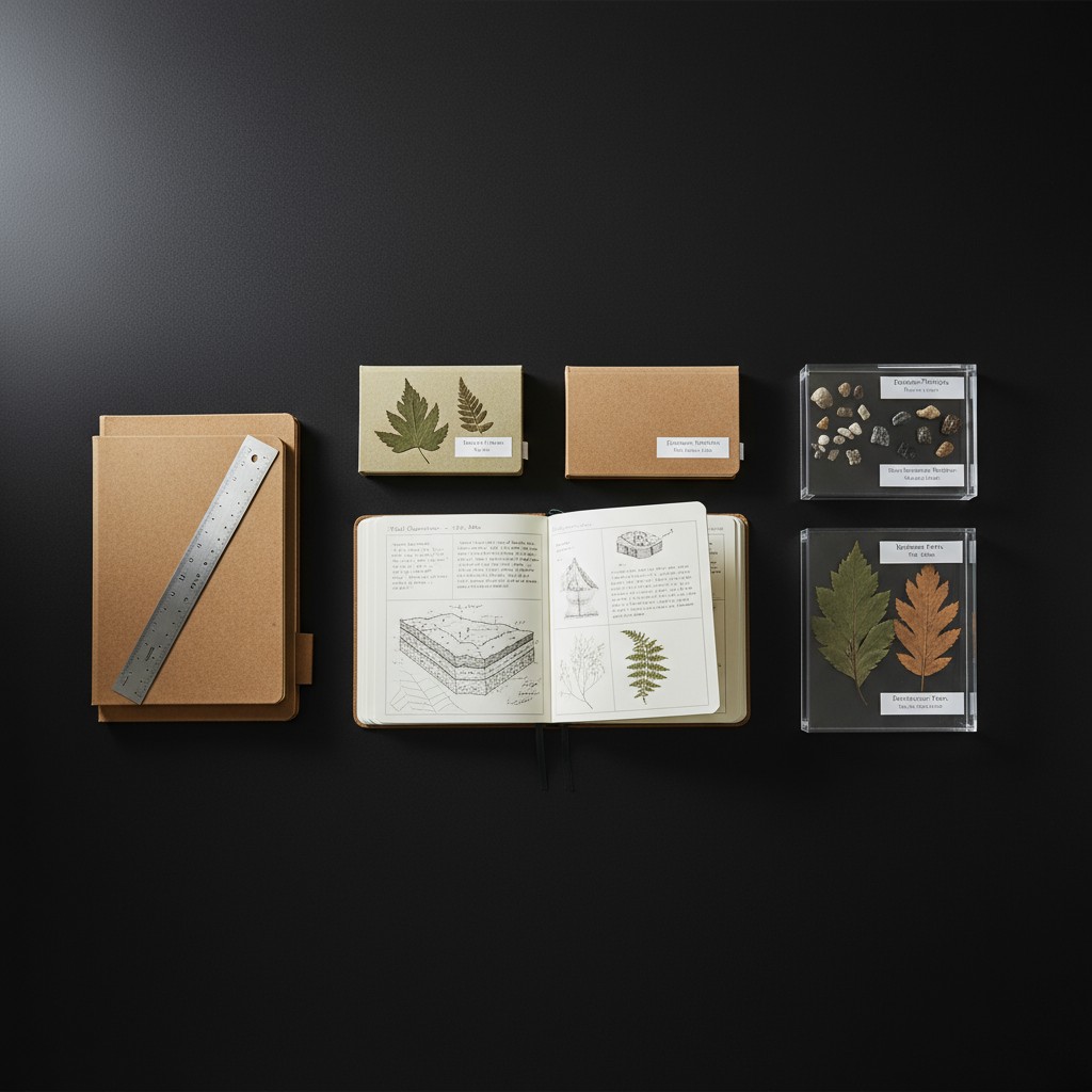 A tabletop with assorted tools and specimens, including variously sized straight edge rulers, small boxes and hardcover bo...
